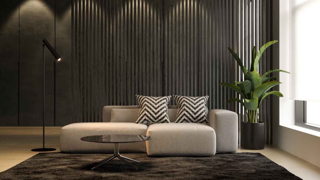 Interior of modern living room with sofa 3 D rendering