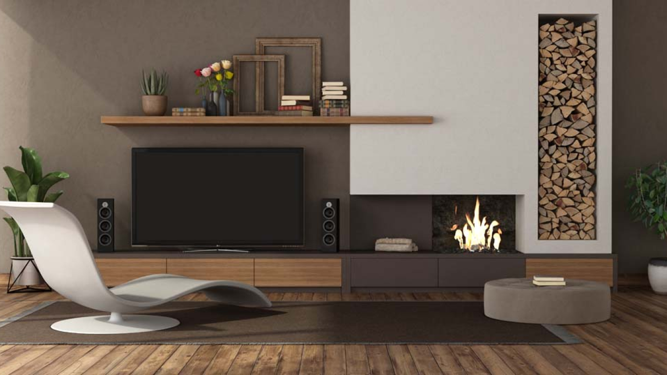 Modern living room with fireplace and tv set