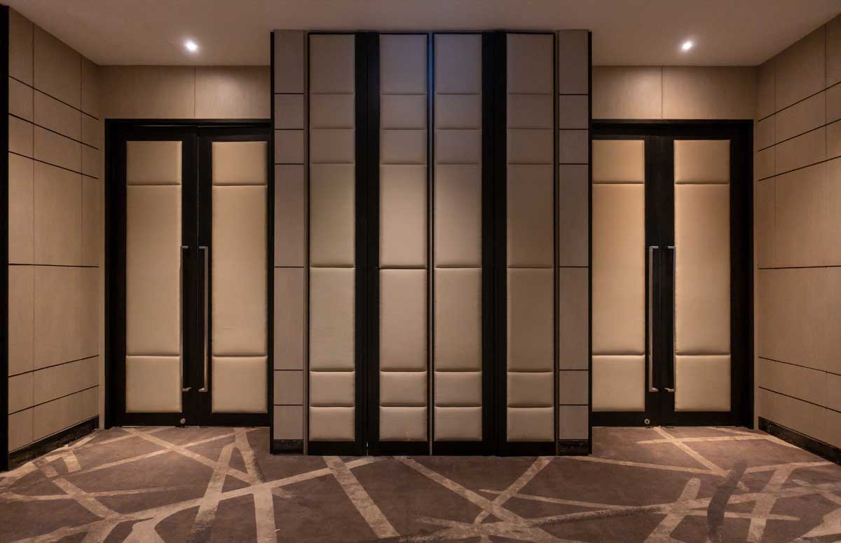 Fabric panels door covered acoustic board pattern surface texture in hotel. Interior material for design decoration background