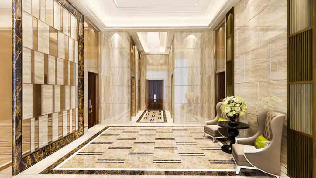 3d rendering luxury lobby with armchair near corridor