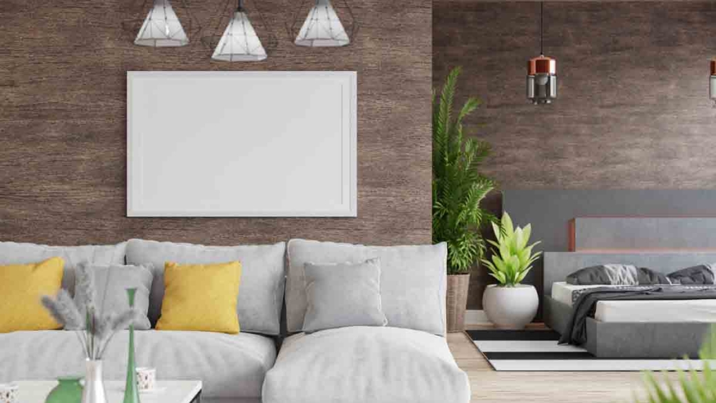3D Modern interior of bedroom with mockup photo frame