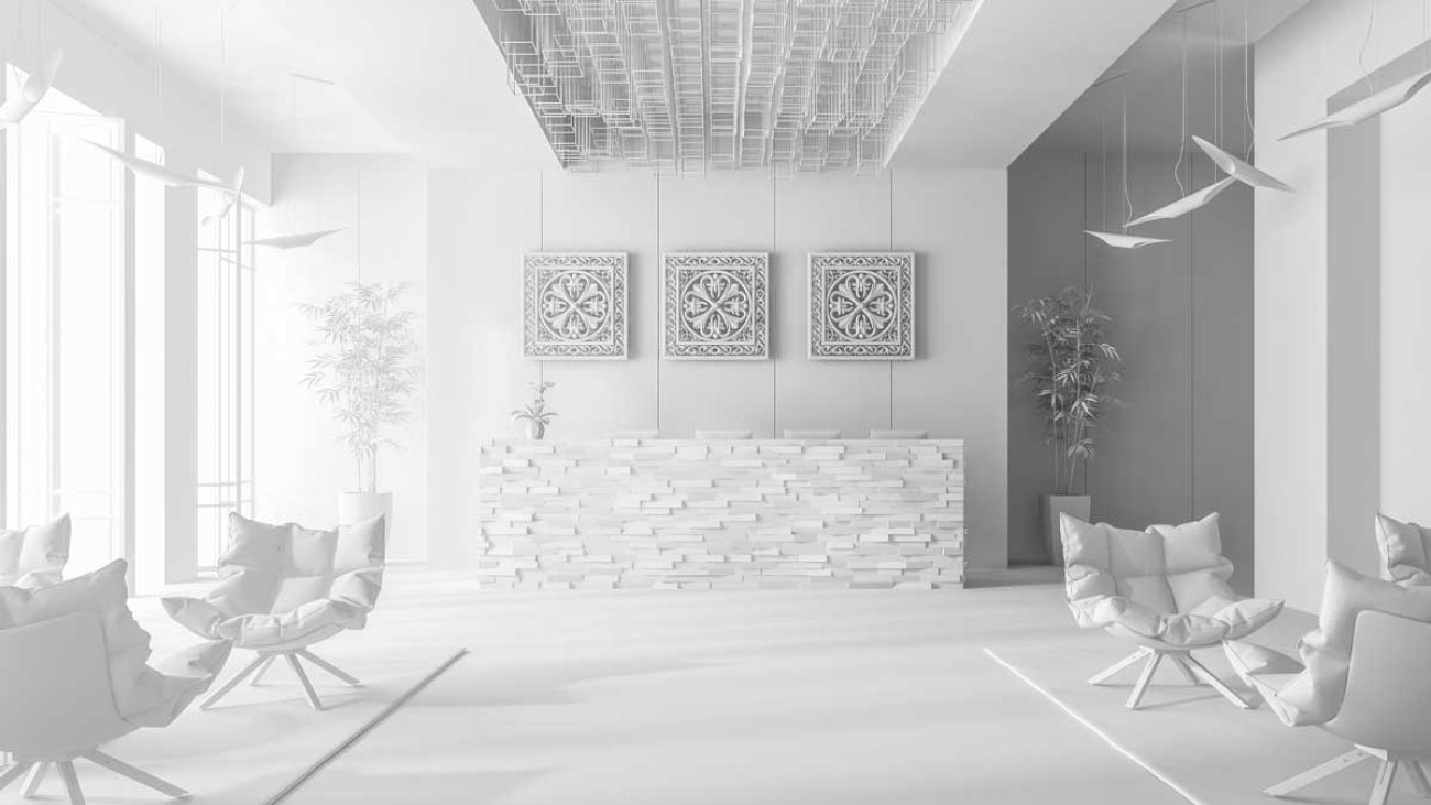 White Interior of hotel and spa reception 3 D illustration