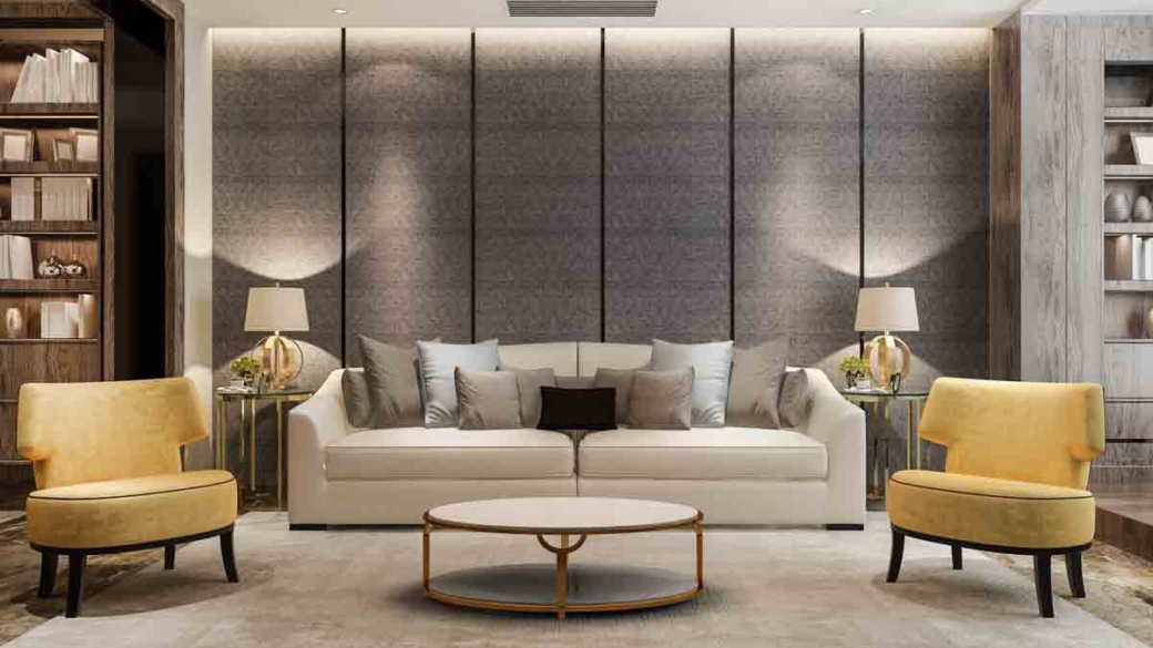 3d rendering loft luxury living room with bookshelf and yellow sofa