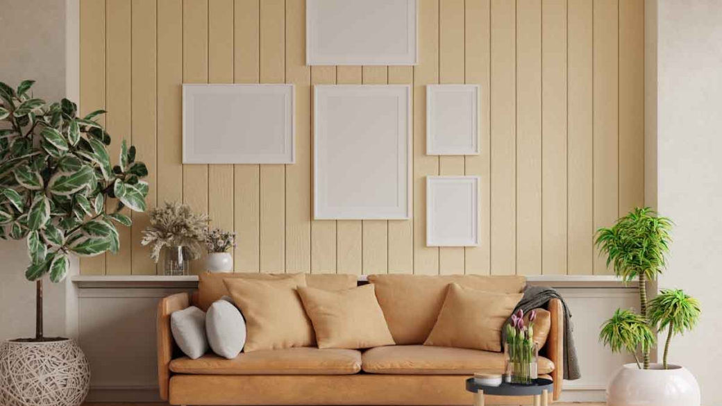 Mockup poster frame in modern interior background with leather s