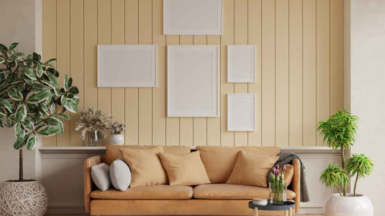Mockup poster frame in modern interior background with leather s