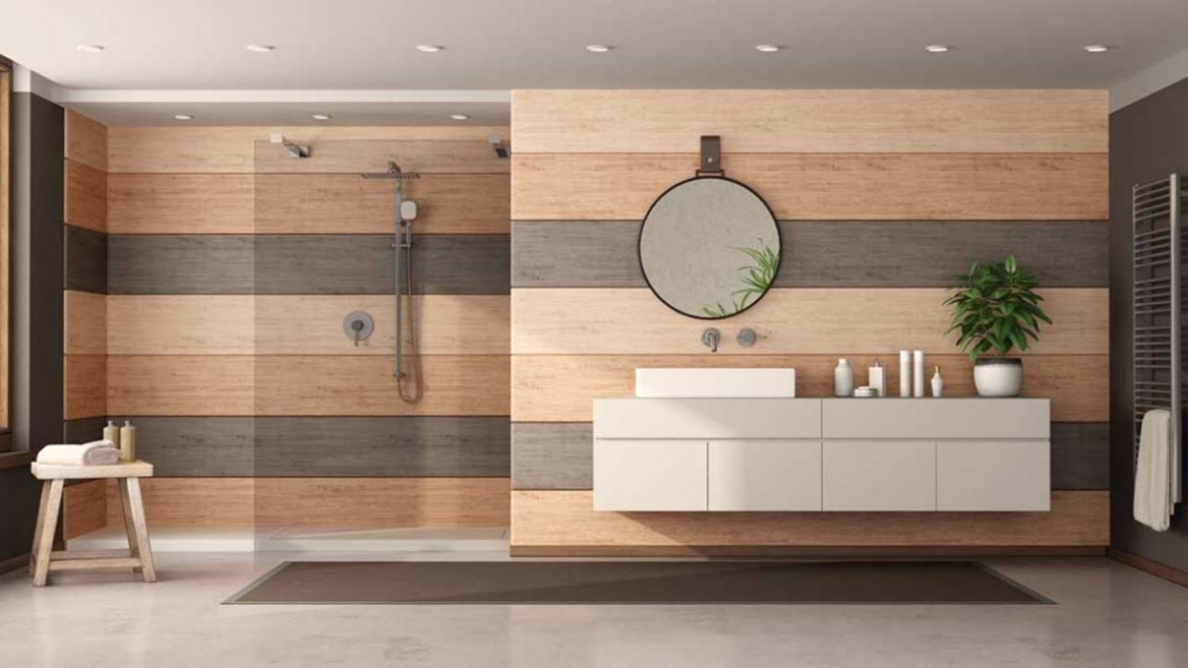 Modern bathroom with wooden paneling, shower and washbasin - 3d rendering