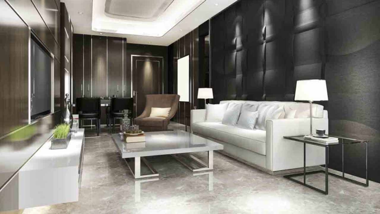 3d rendering black modern dining room and living room with luxury decor